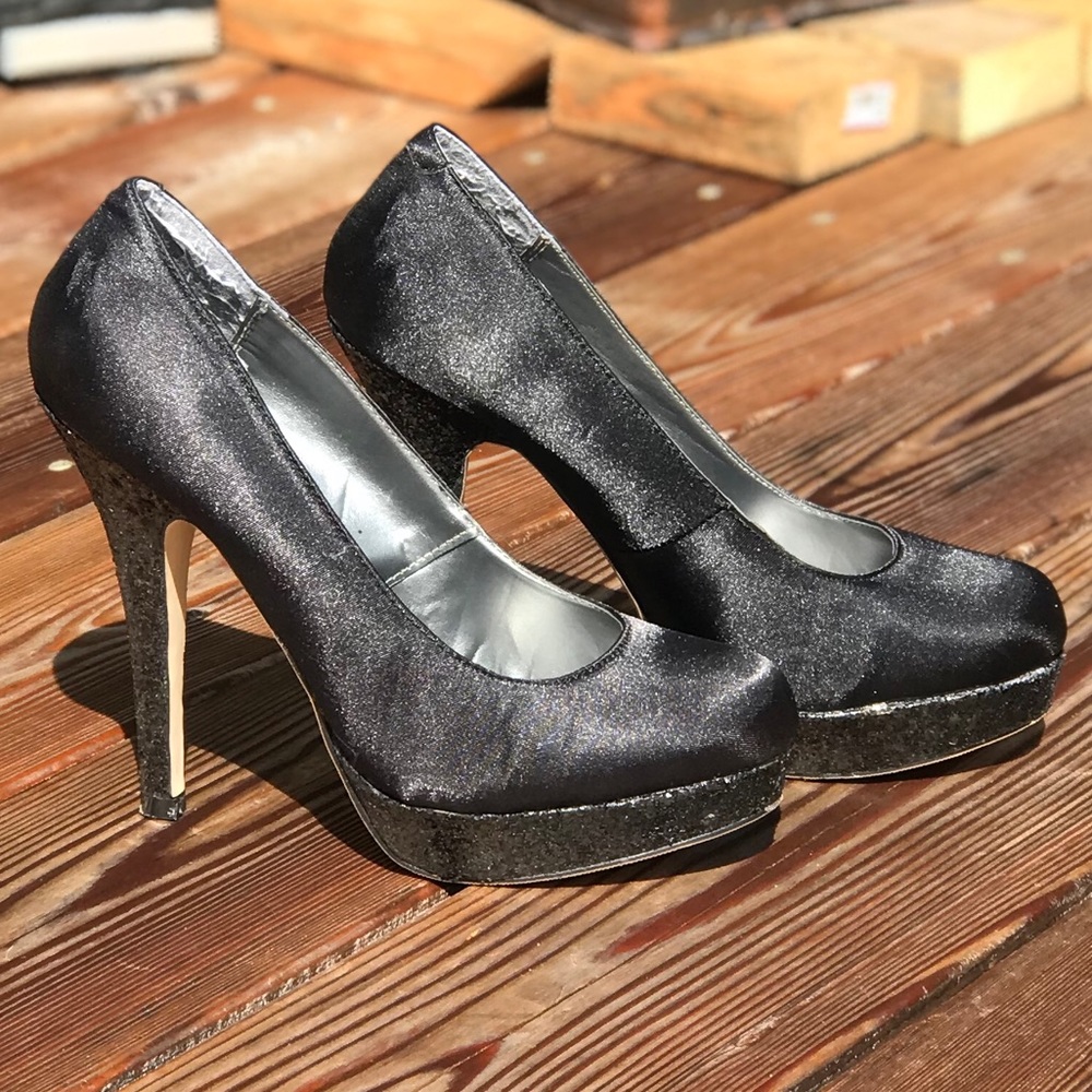 Black satin with glitter heel and platform